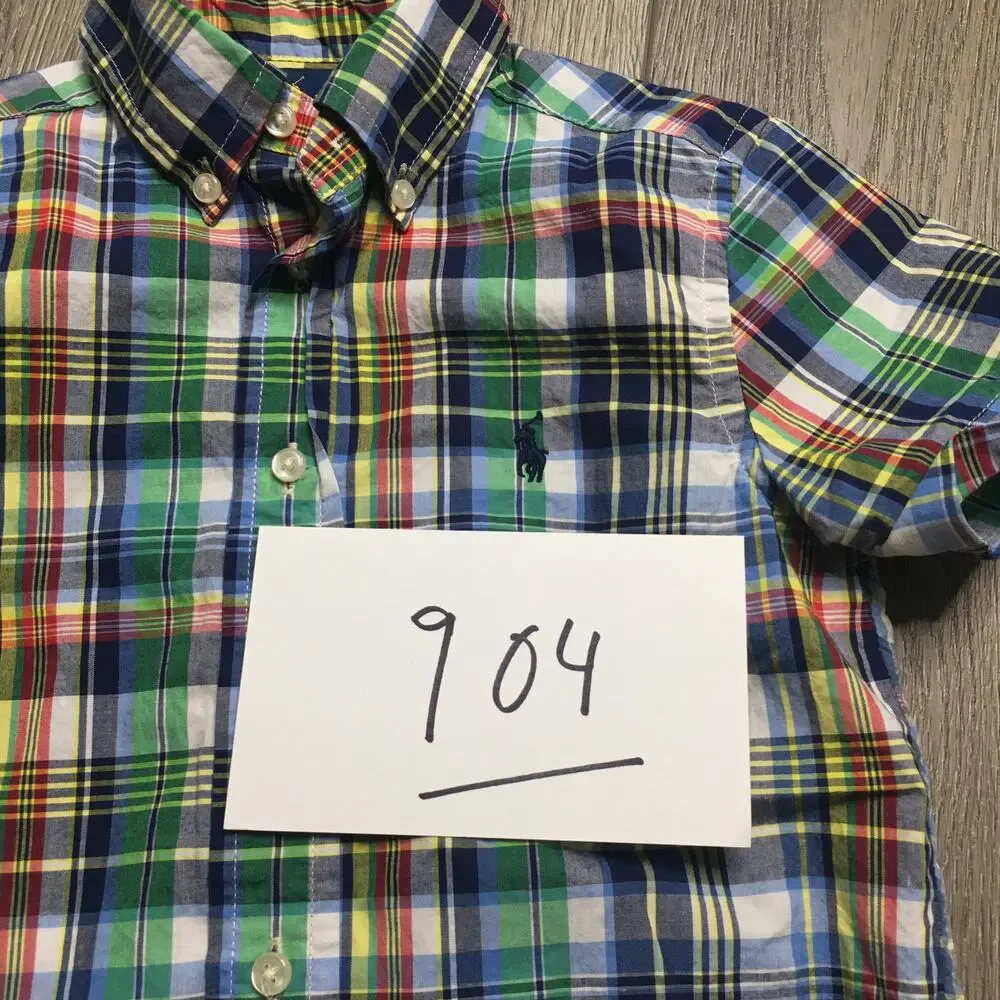 VTG Ralph Lauren Pony Shirt Boys Plaid Green Short Sleeve Embroidered Logo 4/4T